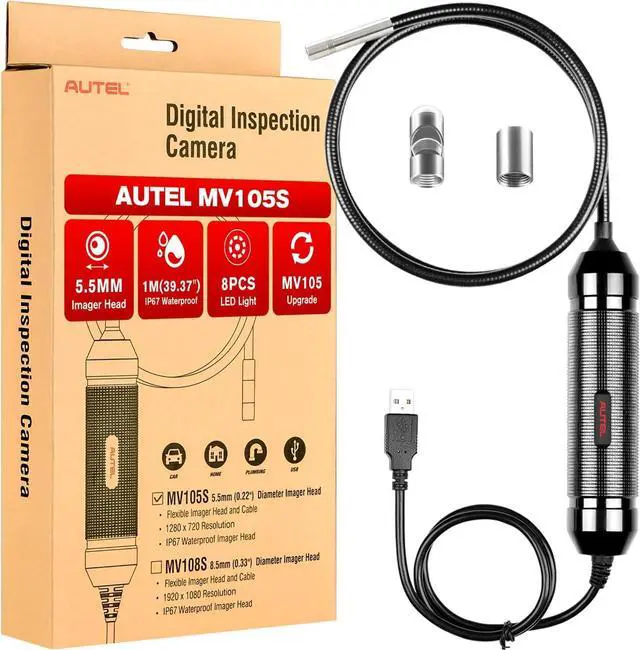 Main image of Autel MaxiVideo MV105S Digital Inspection Camera, 2024 Same as MV108S, 1280x720, 5.5mm Ultra-Slim USB Industrial Endoscope, IP67 Borescope Snake Camera, Work w/Autel Scanner & PC, Up of MV105/ MV108