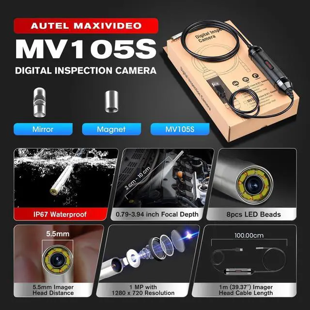 Alt view image 2 of 7 - Autel MaxiVideo MV105S Digital Inspection Camera, 2024 Same as MV108S, 1280x720, 5.5mm Ultra-Slim USB Industrial Endoscope, IP67 Borescope Snake Camera, Work w/Autel Scanner & PC, Up of MV105/ MV108