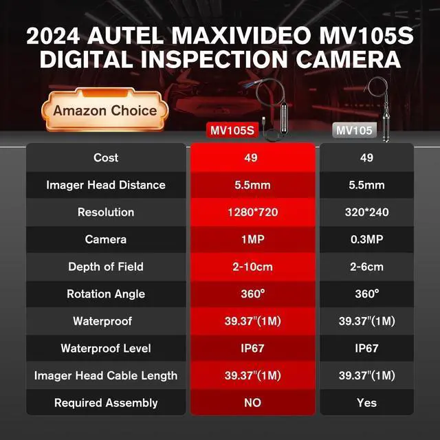 Alt view image 3 of 7 - Autel MaxiVideo MV105S Digital Inspection Camera, 2024 Same as MV108S, 1280x720, 5.5mm Ultra-Slim USB Industrial Endoscope, IP67 Borescope Snake Camera, Work w/Autel Scanner & PC, Up of MV105/ MV108