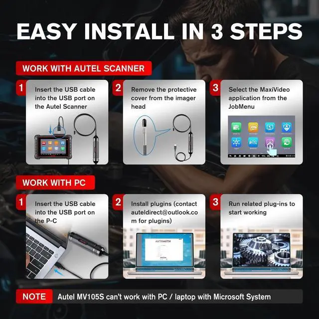 Alt view image 6 of 7 - Autel MaxiVideo MV105S Digital Inspection Camera, 2024 Same as MV108S, 1280x720, 5.5mm Ultra-Slim USB Industrial Endoscope, IP67 Borescope Snake Camera, Work w/Autel Scanner & PC, Up of MV105/ MV108