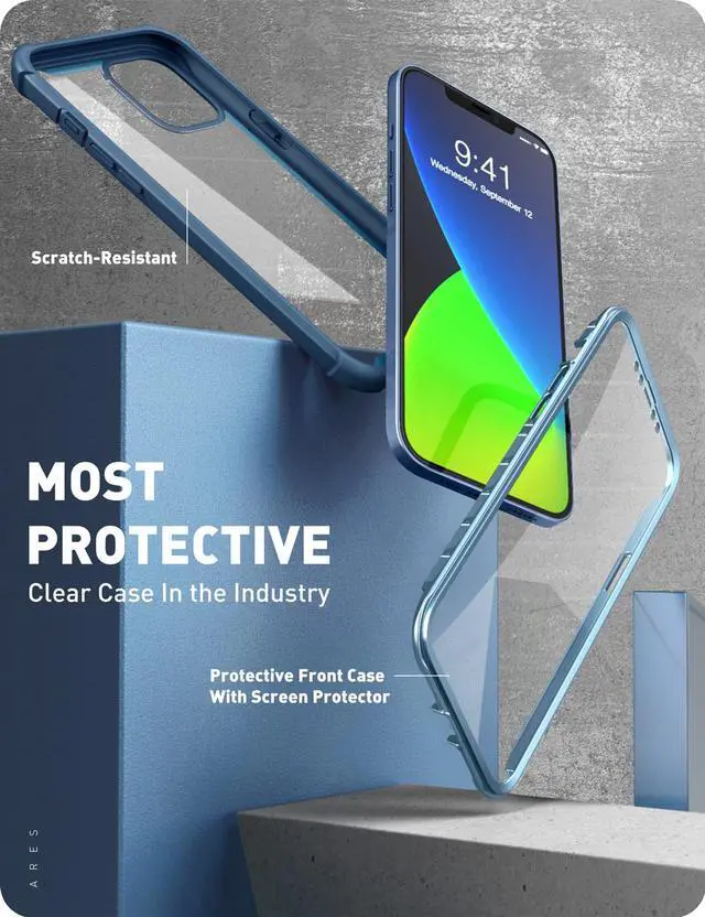 Alt view image 5 of 10 - i-Blason Ares Case for iPhone 12, iPhone 12 Pro 6.1 Inch (2020 Release), Dual Layer Rugged Clear Bumper Case with Built-in Screen Protector (Blue)