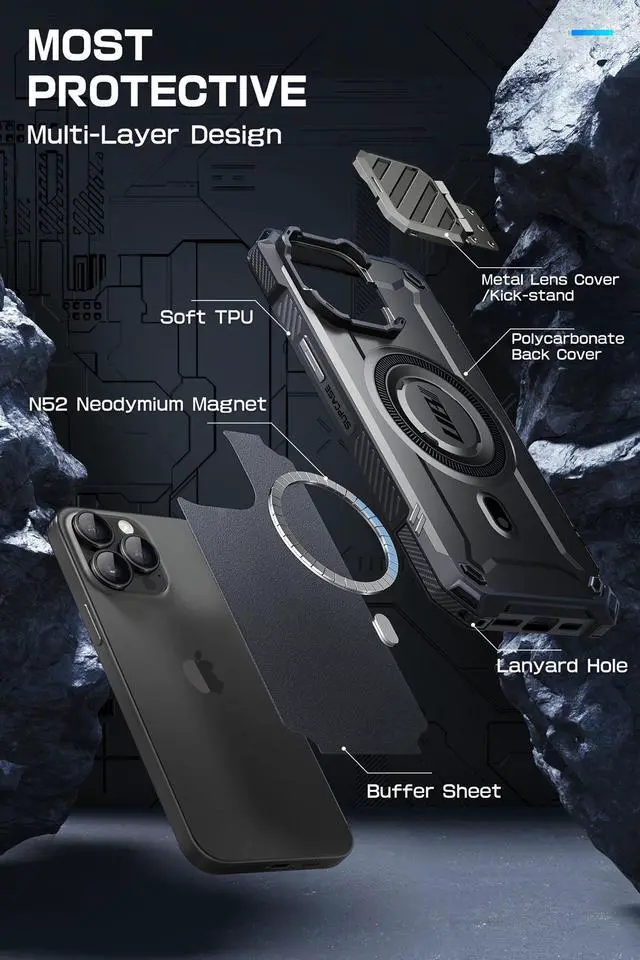 Alt view image 6 of 7 - SUPCASE UBMag XT for iPhone 15 Pro Max Case 6.7" with Camera Cover, [Compatible with MagSafe] Heavy Duty Rugged Case with Built-in Kickstand (Black)