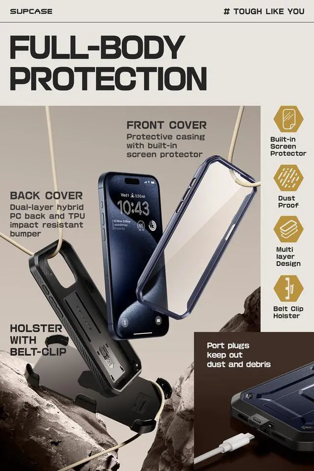 Alt view image 4 of 7 - SUPCASE Unicorn Beetle Pro Case for iPhone 15 Pro Max 6.7", Built-in Screen Protector & Kickstand & Belt-Clip Heavy Duty Rugged Case  Blue