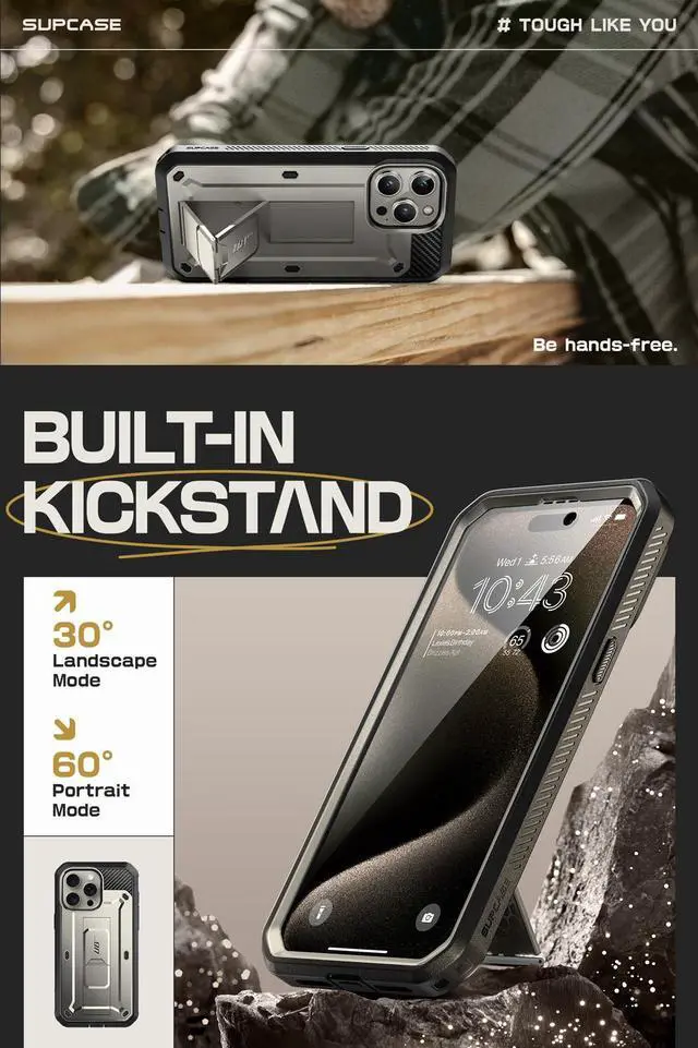Alt view image 3 of 7 - SUPCASE Unicorn Beetle Pro Case for iPhone 15 Pro 6.1", Built-in Screen Protector & Kickstand & Belt-Clip Heavy Duty Rugged Case  Gray