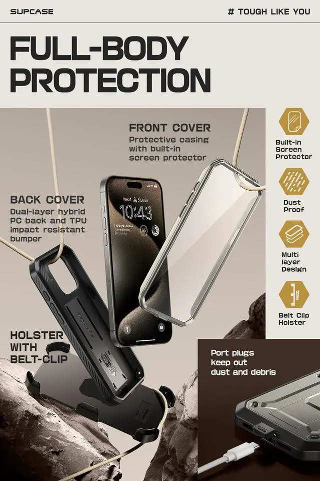 Alt view image 4 of 7 - SUPCASE Unicorn Beetle Pro Case for iPhone 15 Pro 6.1", Built-in Screen Protector & Kickstand & Belt-Clip Heavy Duty Rugged Case  Gray