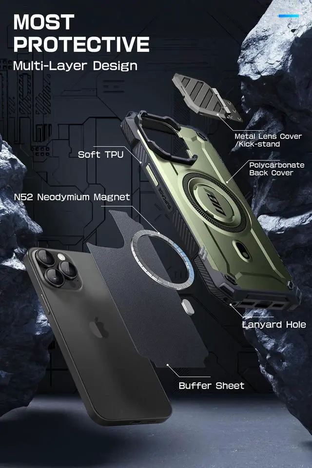 Alt view image 6 of 7 - SUPCASE UB Mag XT for iPhone 15 Pro Case 6.1" with Camera Cover, [Compatible with MagSafe] Heavy Duty Rugged Case with Built-in Kickstand  Green