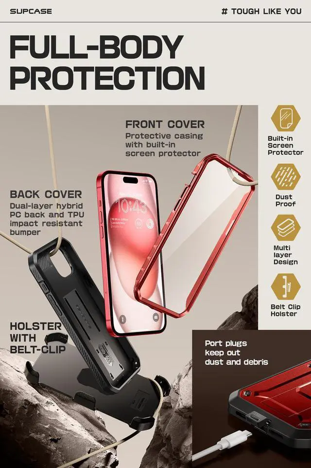 Alt view image 4 of 7 - SUPCASE Unicorn Beetle Pro Case for iPhone 15 6.1", Built-in Screen Protector & Kickstand & Belt-Clip Heavy Duty Rugged Case  Red