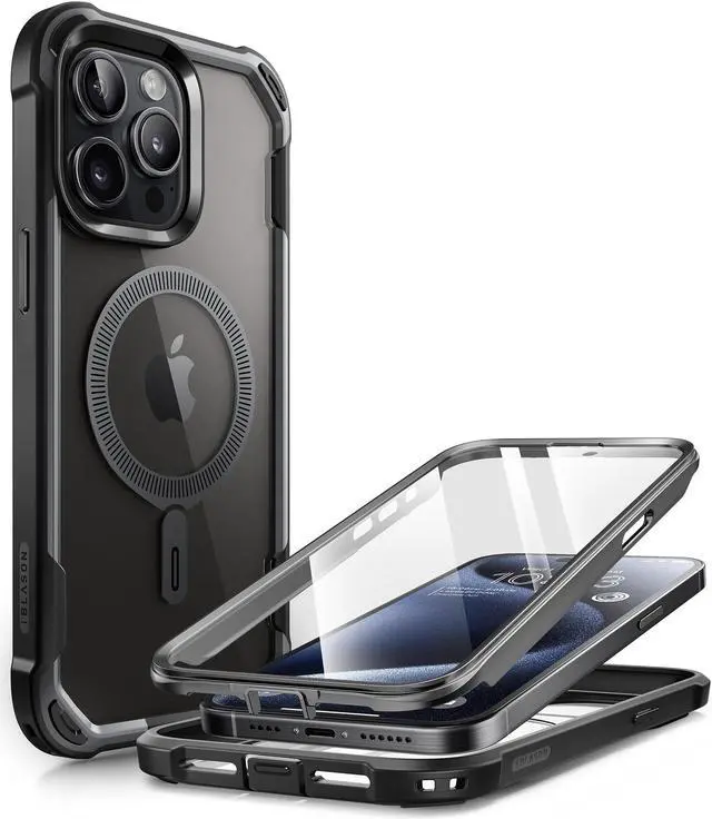 Main image of i-Blason Ares Mag for iPhone 15 Pro Max Case with Screen Protector, [Compatible with MagSafe] Clear Slim Full-Body Shockproof Rugged Bumper Case (Black)