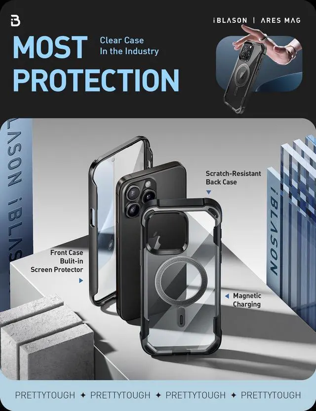 Alt view image 4 of 7 - i-Blason Ares Mag for iPhone 15 Pro Max Case with Screen Protector, [Compatible with MagSafe] Clear Slim Full-Body Shockproof Rugged Bumper Case (Black)