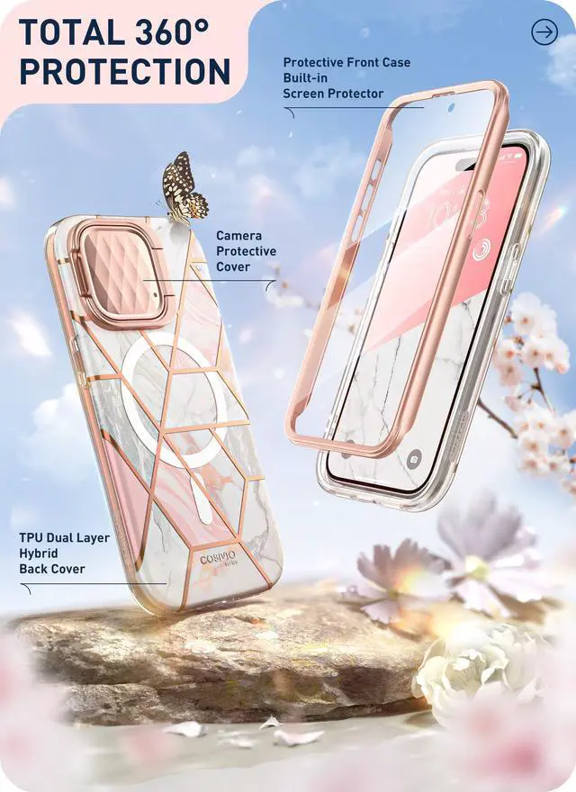 Alt view image 7 of 7 - i-Blason Cosmo Mag for iPhone 15 Pro Case with Camera Cover Stand, [Compatible with MagSafe] Slim Stylish Full-Body Protective Case with Built-in Screen Protector (Marble)