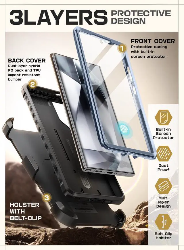 Alt view image 4 of 7 - SUPCASE UB Pro Case for Samsung Galaxy S24 Ultra, [2 Front Frame] [Military-Grade Protection] Heavy Duty Rugged Case with Built-in Screen Protector & Kickstand & Belt-Clip Blue