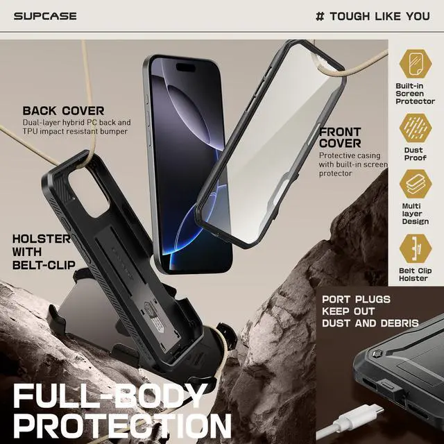 Alt view image 4 of 7 - SUPCASE for iPhone 16 Pro Max Case with Screen Protector (Unicorn Beetle Pro), [Built-in Stand & Belt-Clip] [Military-Grade Protection] Full Body Heavy Duty Phone Case for iPhone 16 Pro Max, Black