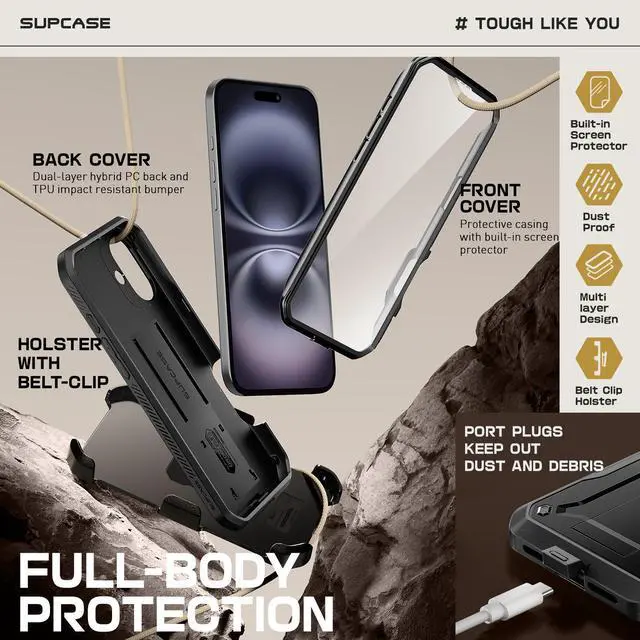 Alt view image 4 of 7 - SUPCASE for iPhone 16 Case with Screen Protector (Unicorn Beetle Pro), [Built-in Stand & Belt-Clip] [Military-Grade Protection] Full Body Heavy Duty Phone Case for iPhone 16 6.1'' 2024, Black