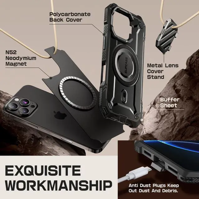 Alt view image 4 of 7 - SUPCASE for iPhone 16 Pro Case 6.3'' 2024 with Camera Cover Stand (UBMag XT), [Compatible with MagSafe] [Built-in Kickstand] [Military-Grade Protection] Heavy Duty Rugged Magnetic Phone Case, Black