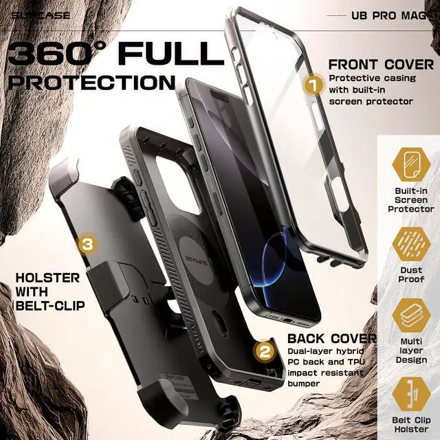 Alt view image 3 of 7 - SUPCASE for iPhone 16 Pro Max Case with Stand (UBPro Mag), [Support MagSafe] [Built-in Screen Protector & Belt Clip] [Military-Grade Protection] Magnetic Phone Case for iPhone 16 Pro Max 6.9'', Black