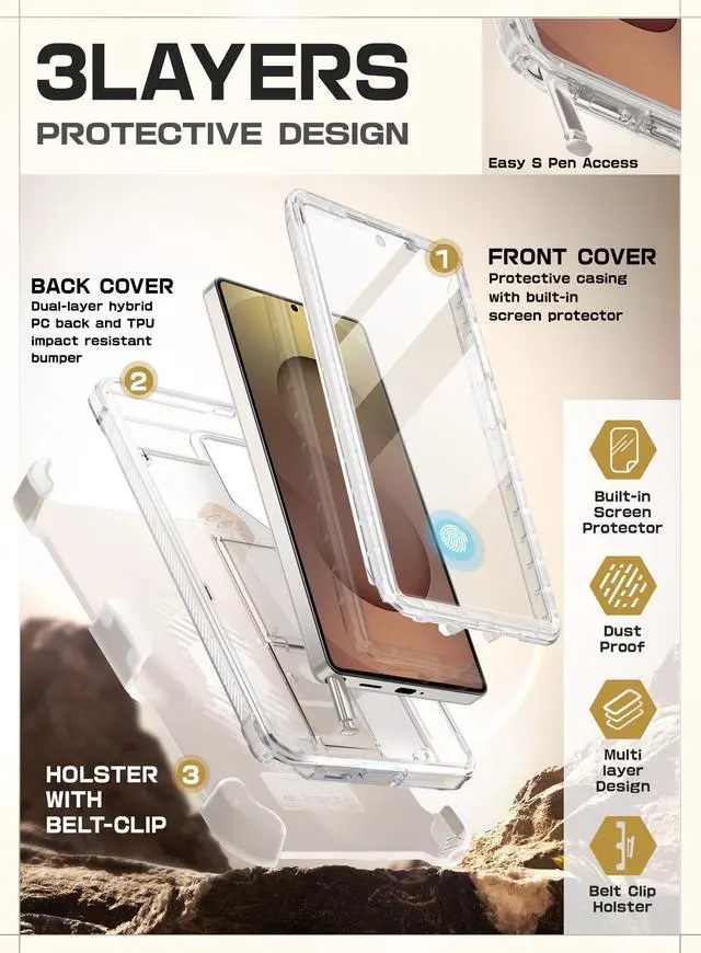 Alt view image 3 of 7 - SUPCASE Unicorn Beetle Pro for Samsung Galaxy S25 Ultra Case with Stand, [2 Front Frames] [Built-in Screen Protector & Belt-Clip] Military-Grade Protection Phone Cover for S25 Ultra 6.9 Inch (Clear)