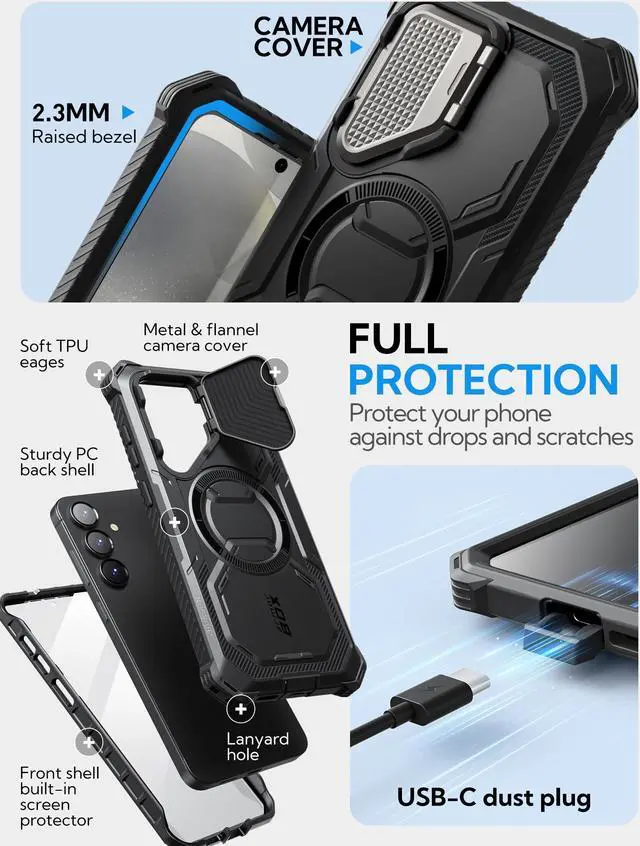 Alt view image 6 of 7 - i-Blason for Samsung Galaxy S25 Plus Case with Camera Cover Stand [Strong N52 Magnets] [Built-in Screen Protector] Full-Body Military-Grade Protection Rugged Magnetic Phone Cover for S25 Plus, Black
