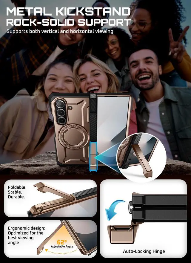 Alt view image 4 of 7 - SUPCASE UB Grip for Samsung Galaxy Z Fold 7 Case with Kickstand, [Compatible with MagSafe] [Built-in Tempered Glass Screen Protector] [Hinge Coverage] Military-Grade Protection Phone Case, Gold