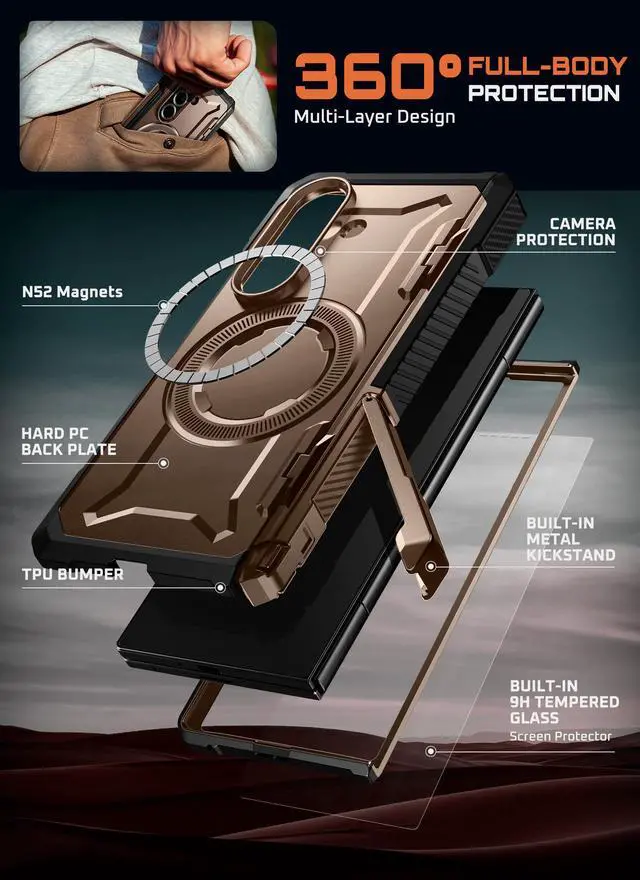 Alt view image 5 of 7 - SUPCASE UB Grip for Samsung Galaxy Z Fold 7 Case with Kickstand, [Compatible with MagSafe] [Built-in Tempered Glass Screen Protector] [Hinge Coverage] Military-Grade Protection Phone Case, Gold