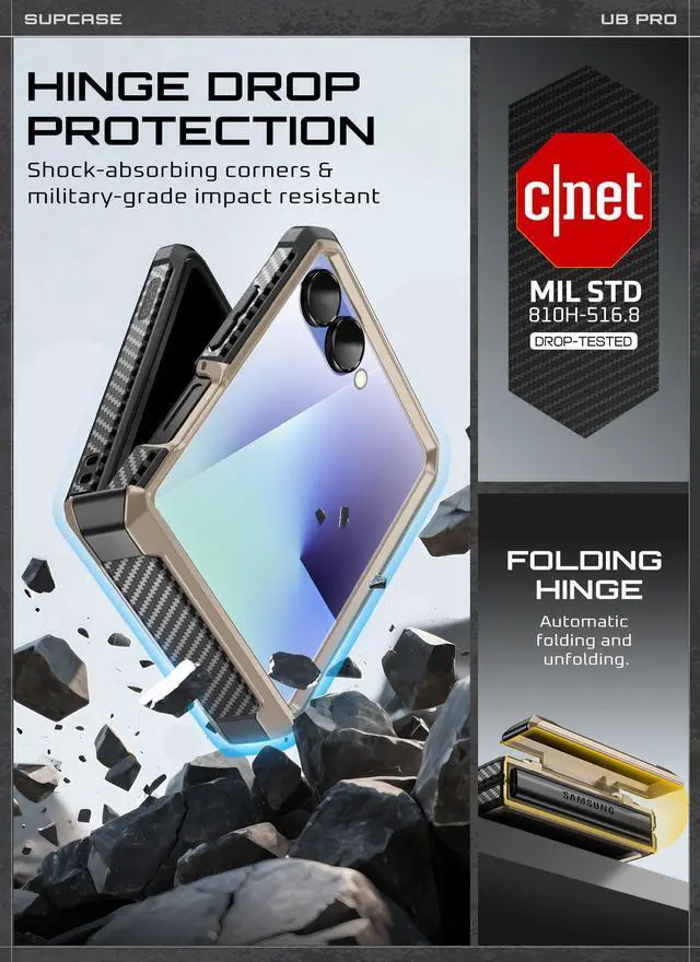 Alt view image 2 of 7 - SUPCASE Unicorn Beetle Pro for Samsung Galaxy Z Flip 7 Case with Built-in Stand & Belt-Clip, [Hinge Protection] [Front Tempered Glass Screen Protector] Full Body Military-Grade Phone Cover, Gold