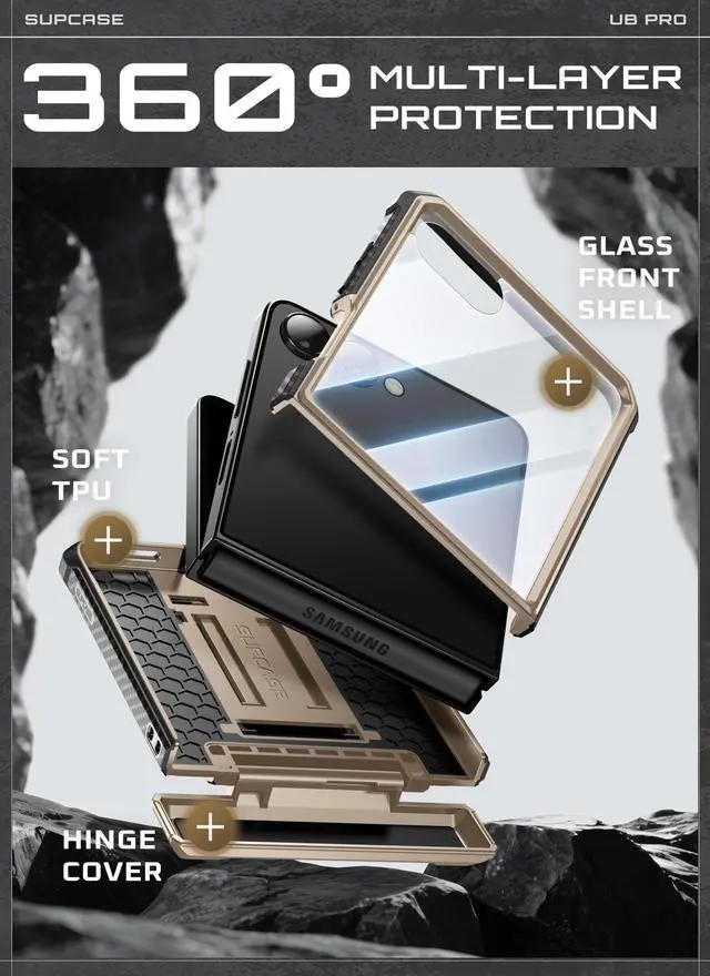 Alt view image 4 of 7 - SUPCASE Unicorn Beetle Pro for Samsung Galaxy Z Flip 7 Case with Built-in Stand & Belt-Clip, [Hinge Protection] [Front Tempered Glass Screen Protector] Full Body Military-Grade Phone Cover, Gold