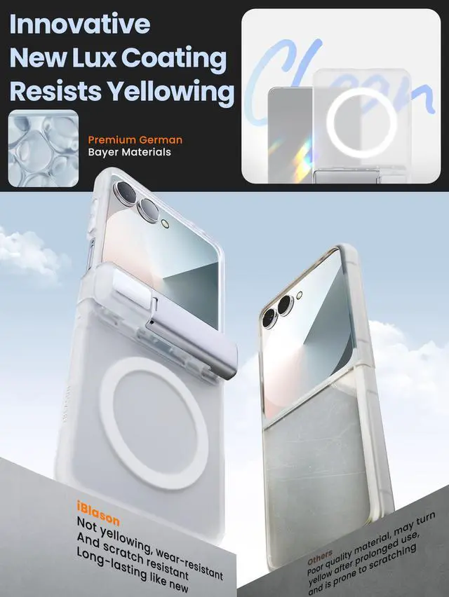 Alt view image 7 of 7 - i-Blason for Samsung Galaxy Z Flip 7 Case with Stand [Tempered Glass Screen Protector] [Hinge Protection] [Support Wireless Charging] Slim Matte Protective Magnetic Phone Case for Z Flip 7, Clear