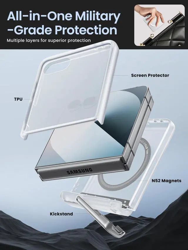 Alt view image 6 of 7 - i-Blason for Samsung Galaxy Z Flip 7 Case with Stand [Tempered Glass Screen Protector] [Hinge Protection] [Support Wireless Charging] Slim Matte Protective Magnetic Phone Case for Z Flip 7, Clear