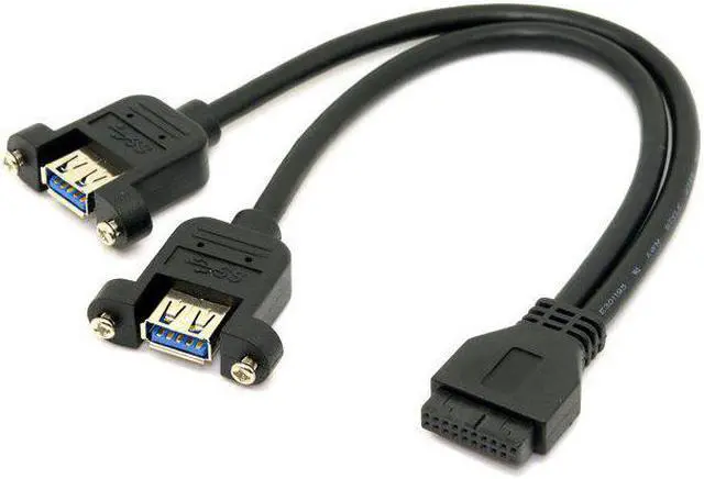 Main image of USB 3.0 Dual Ports A Female Screw Mount Type to Motherboard 20pin Header Cable Black Color