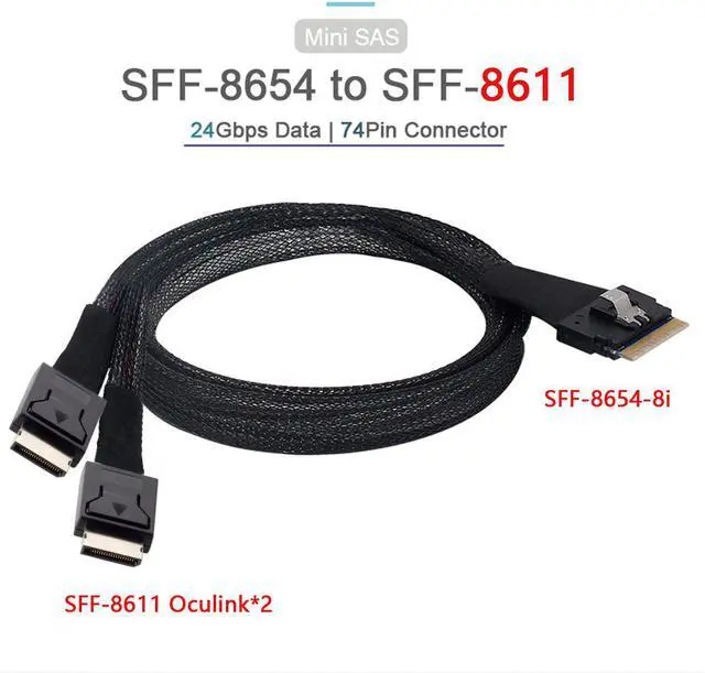 Main image of PCI-Express SFF-8654 8i 74Pin to Dual Oculink SFF-8611 PCI-E Ultraport Slimline SAS Slim 4.0 Cable 50cm