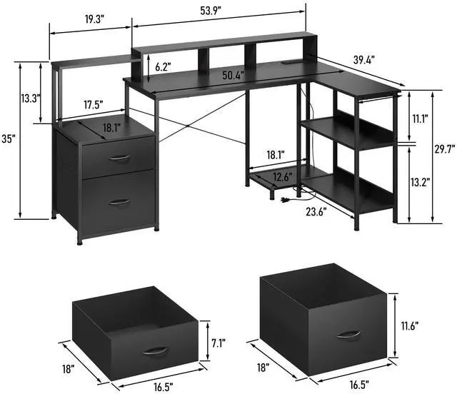 Alt view image 3 of 7 - Jicheng L Shaped Desk Desk with File Drawer, 73" Reversible L Shaped Computer Desk with Power Outlet, Storage Shelves and Monitor Stand Corner Desk-Black