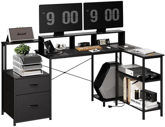 Main image of Jicheng L Shaped Desk Desk with File Drawer, 73" Reversible L Shaped Computer Desk with Power Outlet, Storage Shelves and Monitor Stand Corner Desk-Black