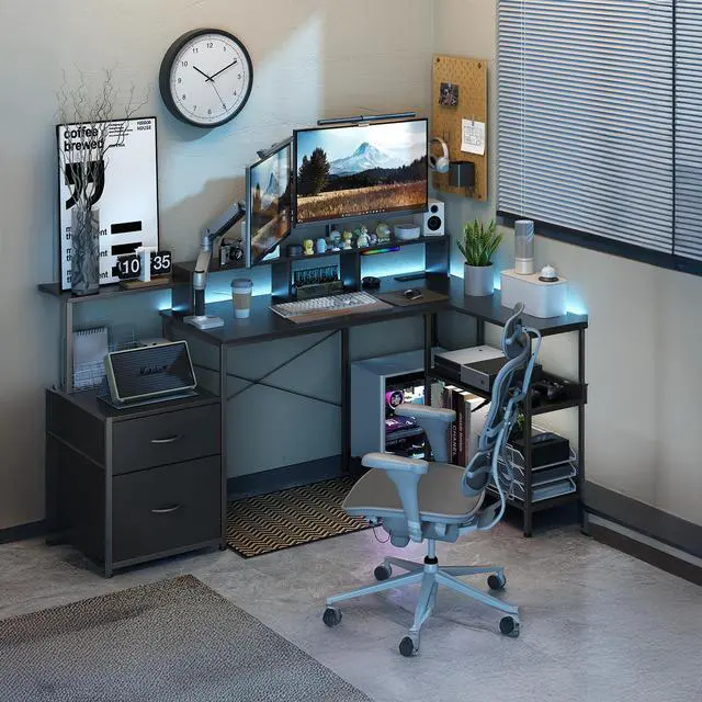 Alt view image 7 of 7 - Jicheng L Shaped Desk Desk with File Drawer, 73" Reversible L Shaped Computer Desk with Power Outlet, Storage Shelves and Monitor Stand Corner Desk-Black