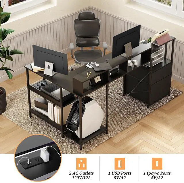 Alt view image 5 of 7 - Jicheng L Shaped Desk Desk with File Drawer, 73" Reversible L Shaped Computer Desk with Power Outlet, Storage Shelves and Monitor Stand Corner Desk-Black