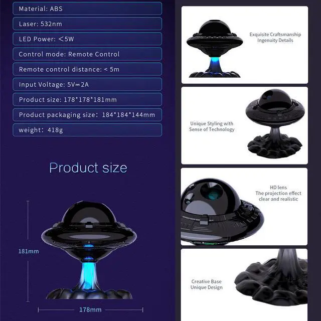 Alt view image 5 of 7 - Jicheng UFO Starry Sky Projection Lamp, Star Projector Night Light with Remote Control, 9 Projection Effects, 5 Color Modes, Timer, Adjustable Angle, for Bedroom and Kids Room, 1 Pack, Black