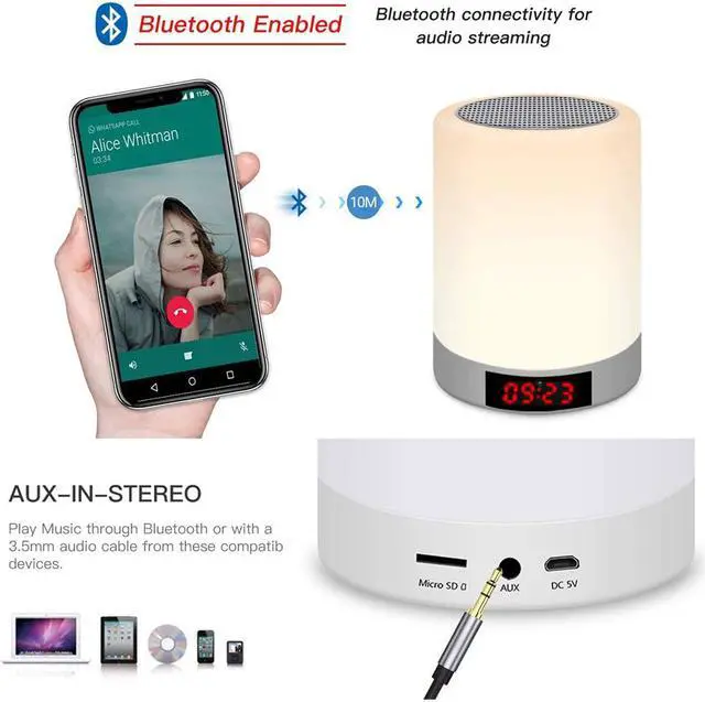 Alt view image 3 of 7 - Jicheng Night Light Bluetooth Speaker Touch Control Bedside Lamp Dimmable Multi-Color Change, Bedroom Alarm Clock Wireless Speaker with Lights