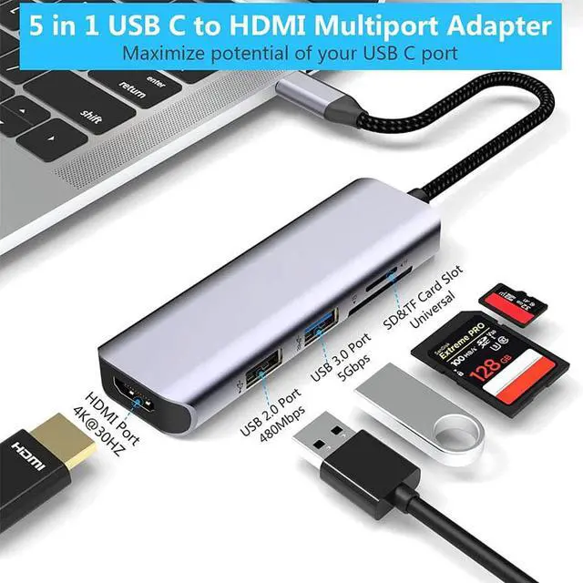 Alt view image 3 of 6 - USB C Hub Multiport Adapter, 5 in 1 USB-C to HDMI Adapter with HDMI 4K@30Hz, USB 3.0 Fast Data Transfer SD/TF Card Reader, USB C Docking Station for Apple MacBook Air, MacBook Pro