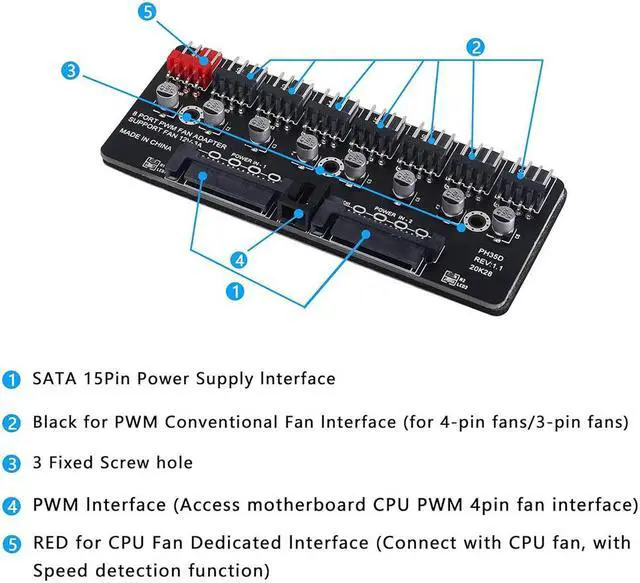 Alt view image 5 of 7 - Jicheng 2PCS Chassis Fan Hub 8 Way 12V Splitter Controller with 3 Pin 4 Pin PWM for PC CPU Cooling, Dual SATA and 4 Pin Power Supply, Enhanced Airflow, Reliable Performance