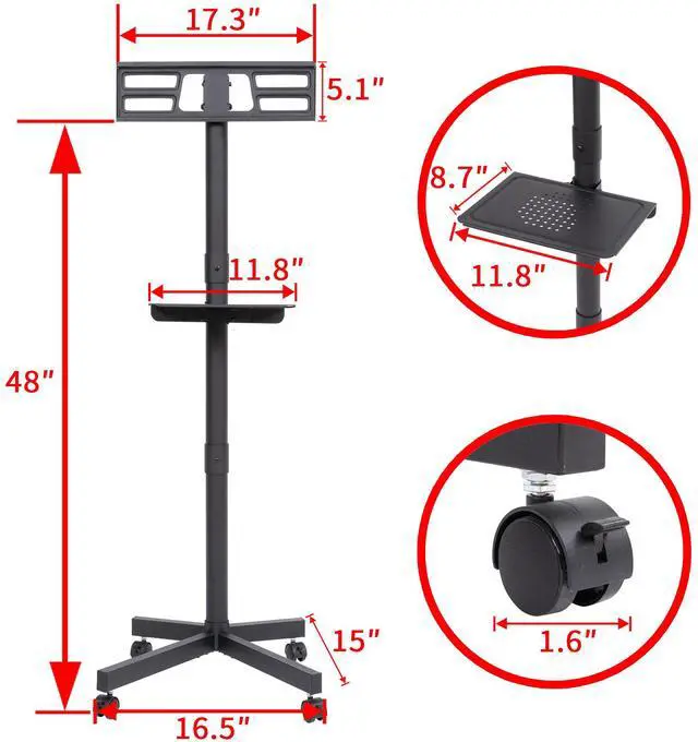 Alt view image 3 of 7 - Jicheng Mobile Stand on Wheels, Height Adjustable Tilt Rolling Stand with Media Shelf Holds Up to 55lbs Max - Black