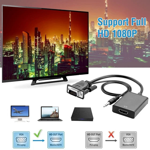 Alt view image 7 of 7 - Jicheng VGA to HD IN & HD OUT Converter Adapter HD 1080P Video Audio Cable Adapter w/ USB 3.5mm Plug For HDTV TV Projector Laptop