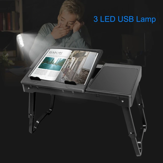 Alt view image 4 of 7 - Jicheng Foldable Laptop Table Bed Notebook Desk w/Cooling Fan Mouse Board LED light 4 x USB Ports Breakfast Snacking Tray with Storage Groove For Home Office