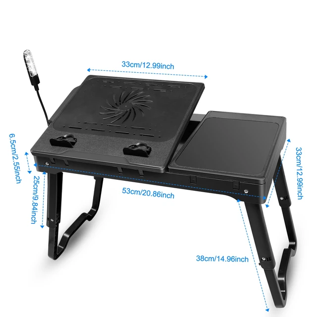 Alt view image 6 of 7 - Jicheng Foldable Laptop Table Bed Notebook Desk w/Cooling Fan Mouse Board LED light 4 x USB Ports Breakfast Snacking Tray with Storage Groove For Home Office