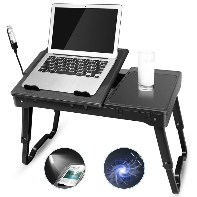 Alt view image 7 of 7 - Jicheng Foldable Laptop Table Bed Notebook Desk w/Cooling Fan Mouse Board LED light 4 x USB Ports Breakfast Snacking Tray with Storage Groove For Home Office
