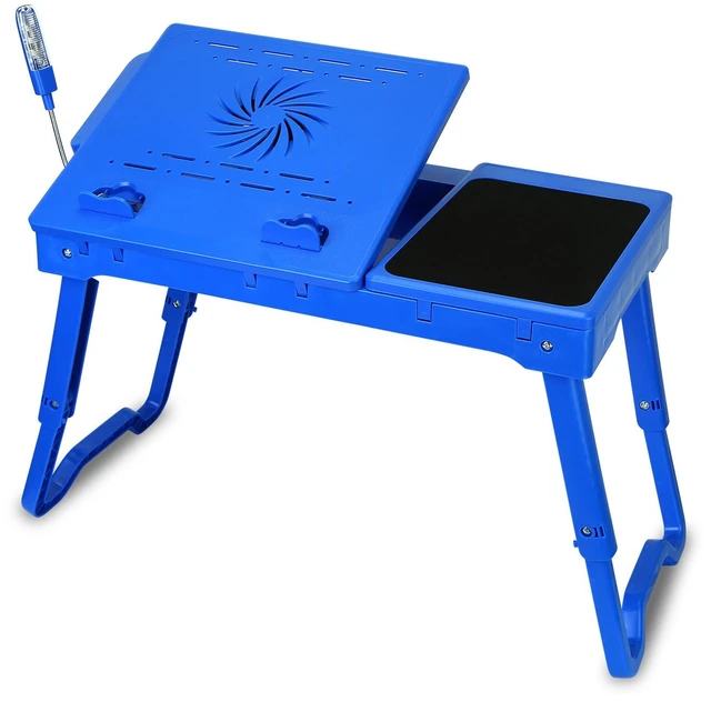 Main image of Jicheng Foldable Laptop Desk for Bed with Cooling Fan, Mouse Board, LED Light, 4 USB Ports, Breakfast Tray and Storage Groove - Home Office Notebook Table-Blue