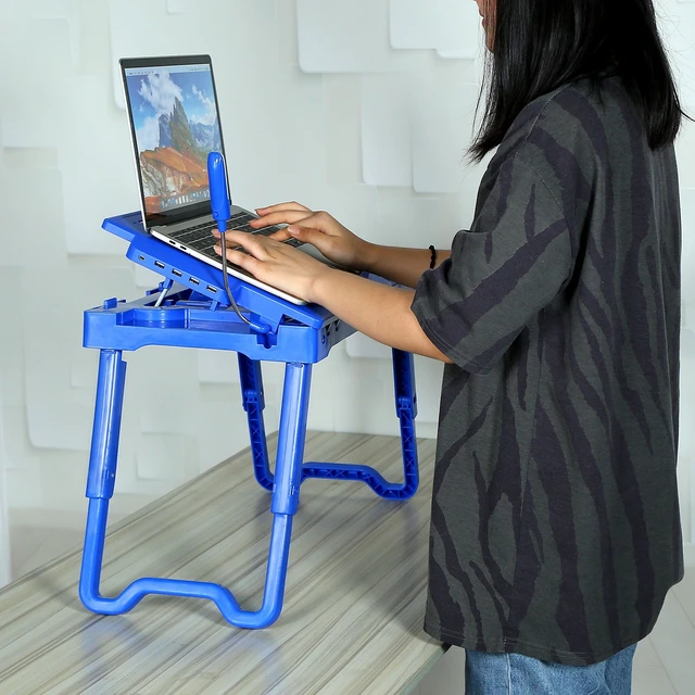 Alt view image 6 of 7 - Jicheng Foldable Laptop Desk for Bed with Cooling Fan, Mouse Board, LED Light, 4 USB Ports, Breakfast Tray and Storage Groove - Home Office Notebook Table-Blue