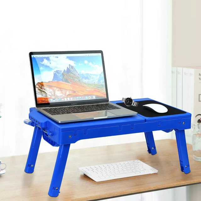 Alt view image 7 of 7 - Jicheng Foldable Laptop Desk for Bed with Cooling Fan, Mouse Board, LED Light, 4 USB Ports, Breakfast Tray and Storage Groove - Home Office Notebook Table-Blue