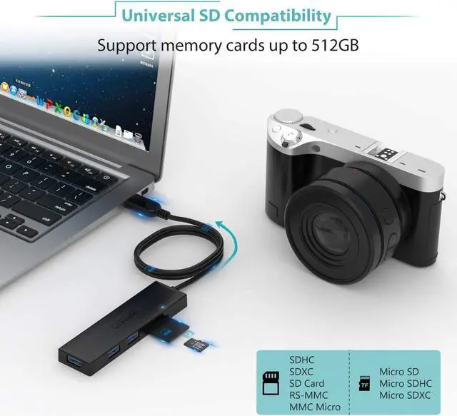 Alt view image 4 of 7 - USB 3.0 Hub, QGeeM 5 in 1 USB Hub for Laptop 2.5Ft Extended Cable Hub 5-Port USB 3.0&SD&TF Card Reader Hub Compatible with MacBook Air, MacBook,iMac, Surface Pro, Ultra-Slim Data USB Hub
