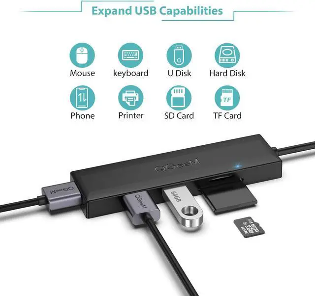 Alt view image 2 of 7 - USB 3.0 Hub, QGeeM 5 in 1 USB Hub for Laptop 2.5Ft Extended Cable Hub 5-Port USB 3.0&SD&TF Card Reader Hub Compatible with MacBook Air, MacBook,iMac, Surface Pro, Ultra-Slim Data USB Hub