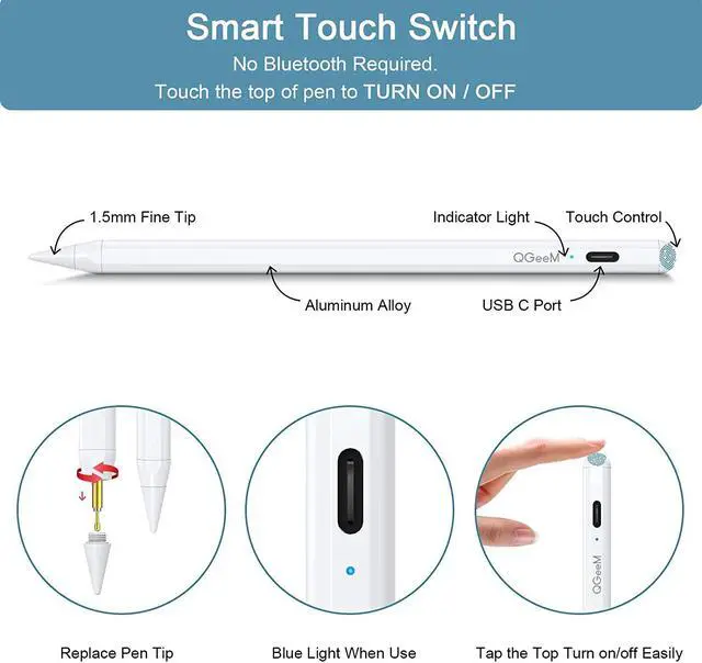 Alt view image 3 of 7 - Stylus Pen for iPad , QGeeM iPad Pencil with Palm Rejection Compatible with (2018-2021) Apple iPad Pro (11/12.9 Inch),iPad 6th/7th/8th Gen,iPad Mini 5th Gen,iPad Air 3rd/4th Gen ,Apple Pencil -White
