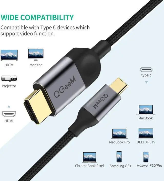 Alt view image 2 of 7 - USB C to HDMI Cable Adapter 6ft 4K,QGeeM USB Type C to HDMI Cable Thunderbolt 3 Compatible with MacBook Pro 2017-2020 IPad pro,Samsung S9 S10,Surface Book 2,Dell XPS 13/15,Pixelbook More Gray