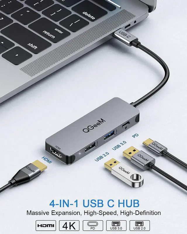 Alt view image 2 of 7 - QGeeM USB C Hub, 4-in-1 USB C Adapter with 4K HDMI Output, USB 3.0, 100W PD Charger, USB 2.0, Compatible with MacBook Pro 2019/2018 and Other Type C Devices